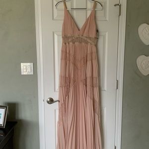 BCBG Lace Insert Pleated Evening Dress